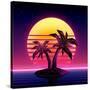 Retro Futuristic Background 1980S Style. Digital Palm Tree on a Cyber Ocean in the Computer World.-More Trendy Design here-Stretched Canvas