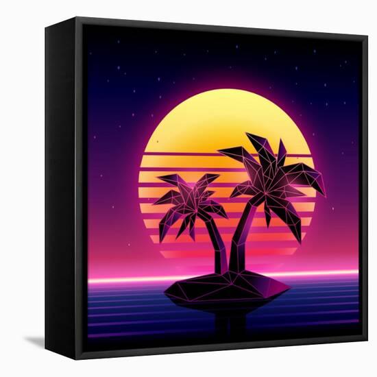 Retro Futuristic Background 1980S Style. Digital Palm Tree on a Cyber Ocean in the Computer World.-More Trendy Design here-Framed Stretched Canvas