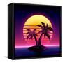 Retro Futuristic Background 1980S Style. Digital Palm Tree on a Cyber Ocean in the Computer World.-More Trendy Design here-Framed Stretched Canvas