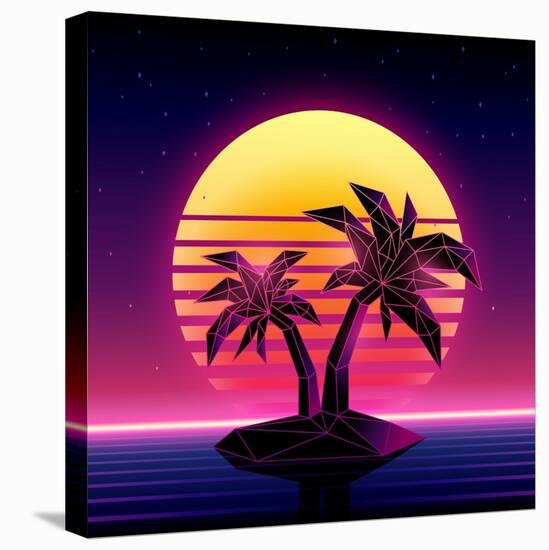 Retro Futuristic Background 1980S Style. Digital Palm Tree on a Cyber Ocean in the Computer World.-More Trendy Design here-Stretched Canvas