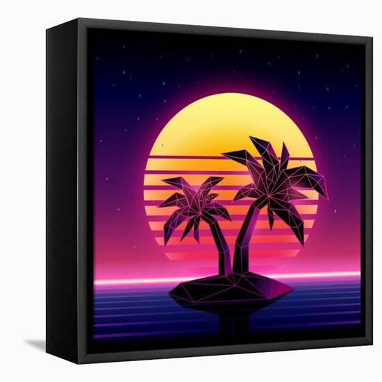 Retro Futuristic Background 1980S Style. Digital Palm Tree on a Cyber Ocean in the Computer World.-More Trendy Design here-Framed Stretched Canvas