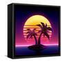 Retro Futuristic Background 1980S Style. Digital Palm Tree on a Cyber Ocean in the Computer World.-More Trendy Design here-Framed Stretched Canvas