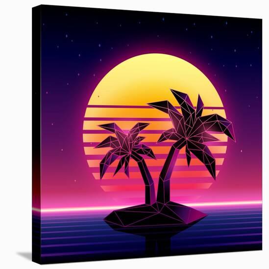 Retro Futuristic Background 1980S Style. Digital Palm Tree on a Cyber Ocean in the Computer World.-More Trendy Design here-Stretched Canvas