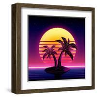 Retro Futuristic Background 1980S Style. Digital Palm Tree on a Cyber Ocean in the Computer World.-More Trendy Design here-Framed Art Print