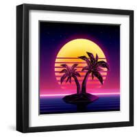 Retro Futuristic Background 1980S Style. Digital Palm Tree on a Cyber Ocean in the Computer World.-More Trendy Design here-Framed Art Print