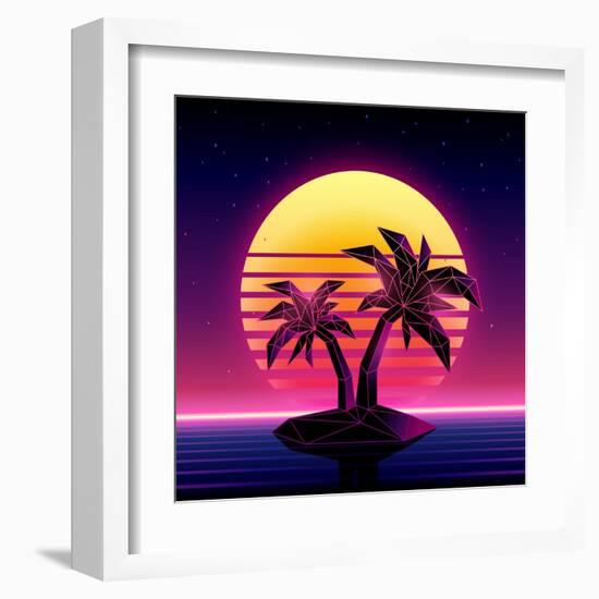 Retro Futuristic Background 1980S Style. Digital Palm Tree on a Cyber Ocean in the Computer World.-More Trendy Design here-Framed Art Print