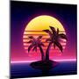 Retro Futuristic Background 1980S Style. Digital Palm Tree on a Cyber Ocean in the Computer World.-More Trendy Design here-Mounted Art Print