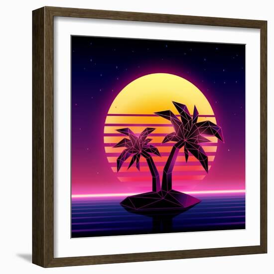 Retro Futuristic Background 1980S Style. Digital Palm Tree on a Cyber Ocean in the Computer World.-More Trendy Design here-Framed Art Print