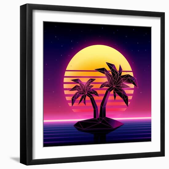 Retro Futuristic Background 1980S Style. Digital Palm Tree on a Cyber Ocean in the Computer World.-More Trendy Design here-Framed Art Print