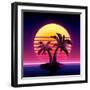 Retro Futuristic Background 1980S Style. Digital Palm Tree on a Cyber Ocean in the Computer World.-More Trendy Design here-Framed Art Print