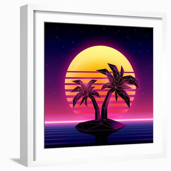 Retro Futuristic Background 1980S Style. Digital Palm Tree on a Cyber Ocean in the Computer World.-More Trendy Design here-Framed Art Print