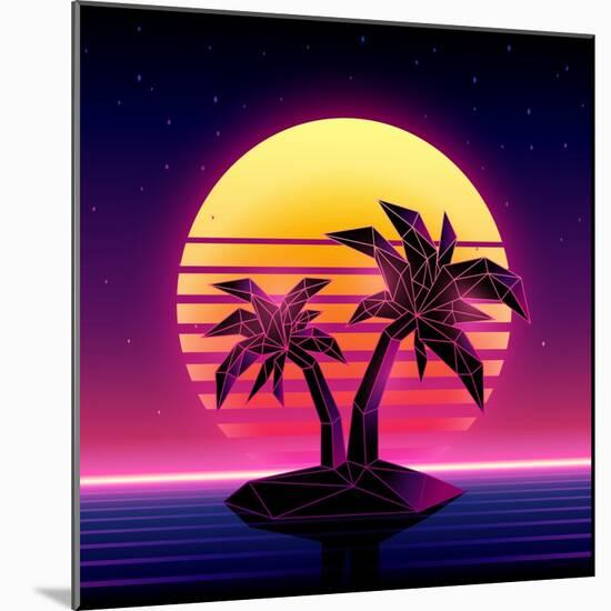 Retro Futuristic Background 1980S Style. Digital Palm Tree on a Cyber Ocean in the Computer World.-More Trendy Design here-Mounted Art Print