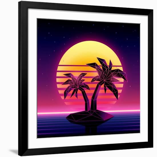 Retro Futuristic Background 1980S Style. Digital Palm Tree on a Cyber Ocean in the Computer World.-More Trendy Design here-Framed Art Print