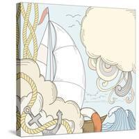 Retro Hand Draw Styled Sea and Sailor Theme with Clouds and Sailor Boat. Vector Illustration.-AlexeyZet-Stretched Canvas