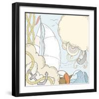 Retro Hand Draw Styled Sea and Sailor Theme with Clouds and Sailor Boat. Vector Illustration.-AlexeyZet-Framed Art Print