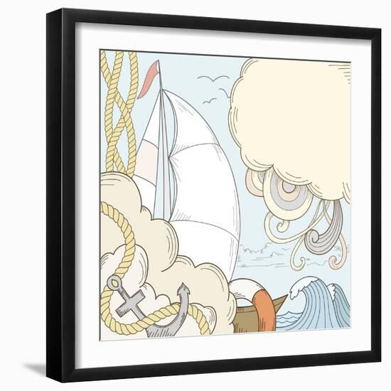 Retro Hand Draw Styled Sea and Sailor Theme with Clouds and Sailor Boat. Vector Illustration.-AlexeyZet-Framed Art Print