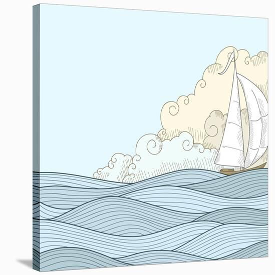 Retro Hand Draw Styled Sea with Clouds and Sailor Boat. Vector Illustration.-AlexeyZet-Stretched Canvas