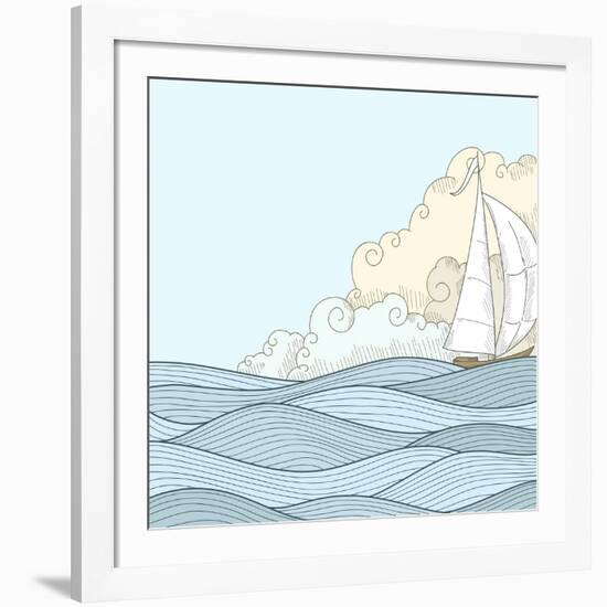 Retro Hand Draw Styled Sea with Clouds and Sailor Boat. Vector Illustration.-AlexeyZet-Framed Art Print