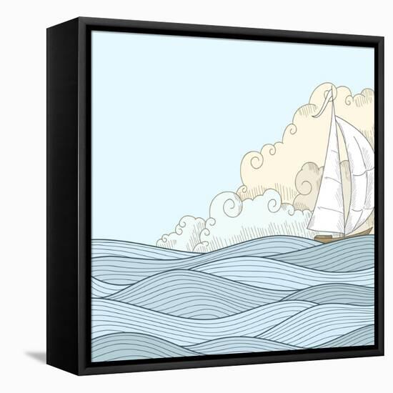 Retro Hand Draw Styled Sea with Clouds and Sailor Boat. Vector Illustration.-AlexeyZet-Framed Stretched Canvas