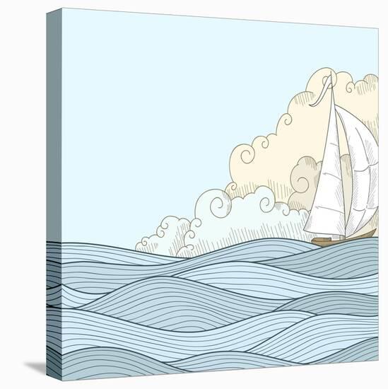 Retro Hand Draw Styled Sea with Clouds and Sailor Boat. Vector Illustration.-AlexeyZet-Stretched Canvas
