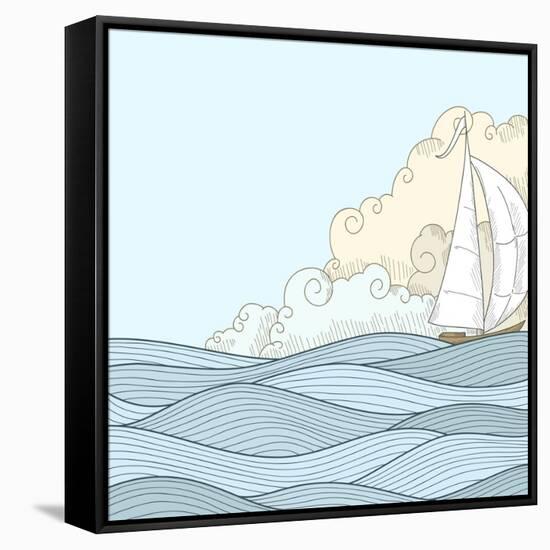 Retro Hand Draw Styled Sea with Clouds and Sailor Boat. Vector Illustration.-AlexeyZet-Framed Stretched Canvas