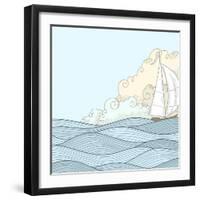 Retro Hand Draw Styled Sea with Clouds and Sailor Boat. Vector Illustration.-AlexeyZet-Framed Art Print