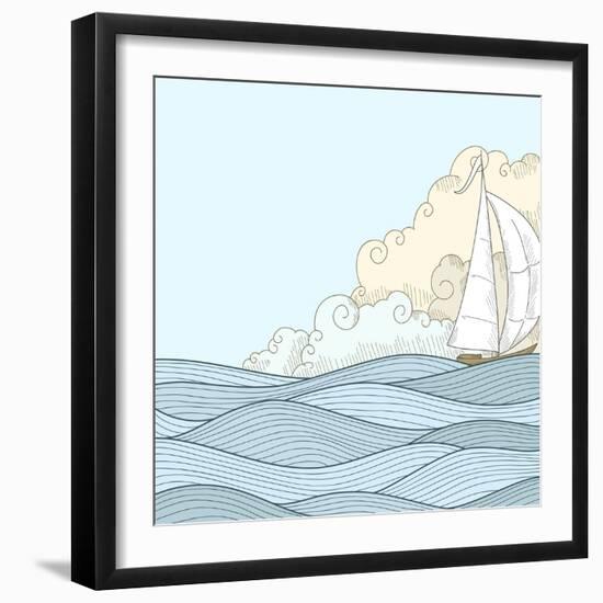 Retro Hand Draw Styled Sea with Clouds and Sailor Boat. Vector Illustration.-AlexeyZet-Framed Art Print