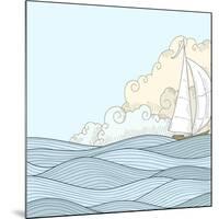 Retro Hand Draw Styled Sea with Clouds and Sailor Boat. Vector Illustration.-AlexeyZet-Mounted Art Print