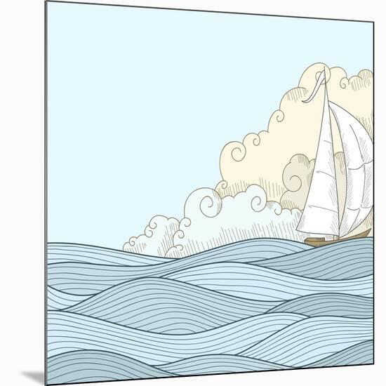 Retro Hand Draw Styled Sea with Clouds and Sailor Boat. Vector Illustration.-AlexeyZet-Mounted Art Print