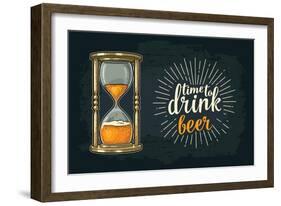 Retro Hourglass. Time to Drink Beer Lettering. Vector Color Vintage Illustration Outline. Isolated-MoreVector-Framed Art Print