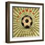 Retro Illustration Football Card in Brazil Flag Colors. Soccer Ball. Vector-Serhii Lohvyniuk-Framed Art Print