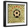 Retro Illustration Football Card in Brazil Flag Colors. Soccer Ball. Vector-Serhii Lohvyniuk-Framed Art Print