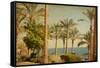 Retro Image Of Beach With Date Palms Amid The Blue Sea And Sky. Paper Texture-A_nella-Framed Stretched Canvas