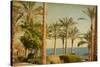 Retro Image Of Beach With Date Palms Amid The Blue Sea And Sky. Paper Texture-A_nella-Stretched Canvas