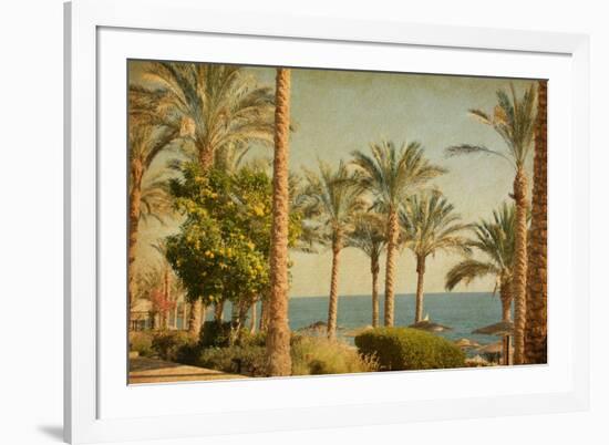 Retro Image Of Beach With Date Palms Amid The Blue Sea And Sky. Paper Texture-A_nella-Framed Art Print