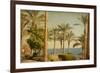 Retro Image Of Beach With Date Palms Amid The Blue Sea And Sky. Paper Texture-A_nella-Framed Art Print