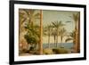 Retro Image Of Beach With Date Palms Amid The Blue Sea And Sky. Paper Texture-A_nella-Framed Art Print