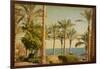 Retro Image Of Beach With Date Palms Amid The Blue Sea And Sky. Paper Texture-A_nella-Framed Art Print