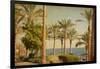 Retro Image Of Beach With Date Palms Amid The Blue Sea And Sky. Paper Texture-A_nella-Framed Art Print