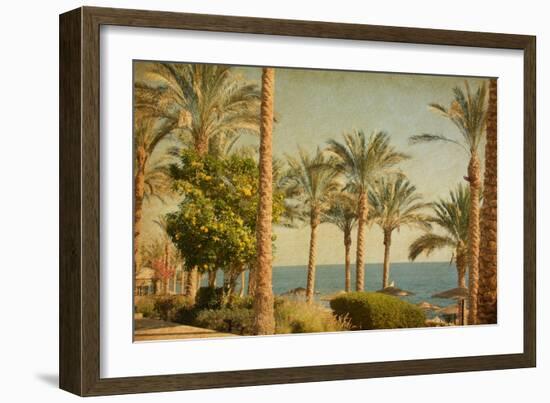 Retro Image Of Beach With Date Palms Amid The Blue Sea And Sky. Paper Texture-A_nella-Framed Art Print