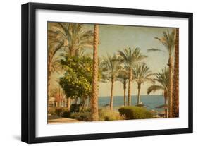 Retro Image Of Beach With Date Palms Amid The Blue Sea And Sky. Paper Texture-A_nella-Framed Art Print