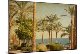 Retro Image Of Beach With Date Palms Amid The Blue Sea And Sky. Paper Texture-A_nella-Mounted Art Print