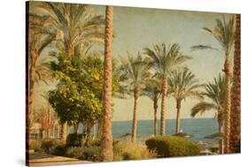 Retro Image Of Beach With Date Palms Amid The Blue Sea And Sky. Paper Texture-A_nella-Stretched Canvas