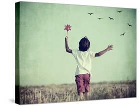 Retro Image of Happy Cheerful Carefree Kid in Nature-zurijeta-Stretched Canvas