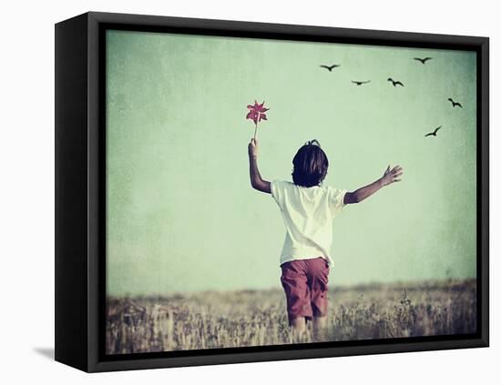 Retro Image of Happy Cheerful Carefree Kid in Nature-zurijeta-Framed Stretched Canvas