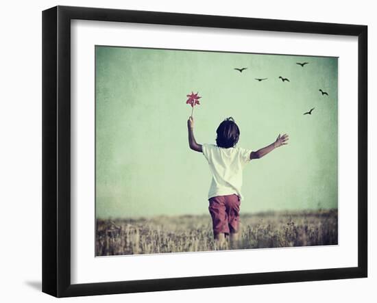 Retro Image of Happy Cheerful Carefree Kid in Nature-zurijeta-Framed Photographic Print