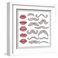 Retro Lips And Mustaches Elements Set-cherry blossom girl-Framed Art Print