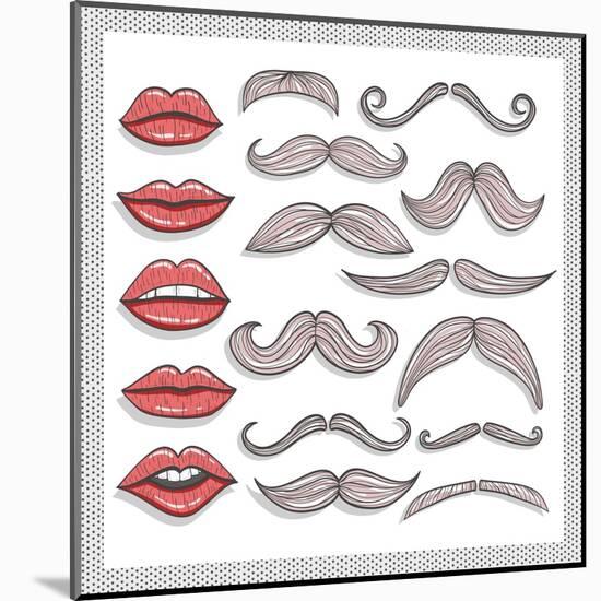 Retro Lips And Mustaches Elements Set-cherry blossom girl-Mounted Art Print