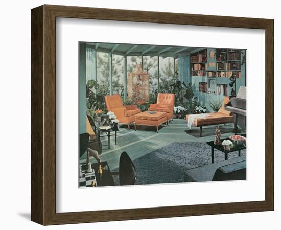 Retro Living Room with Bird Cage-null-Framed Art Print