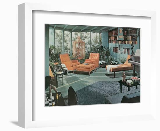 Retro Living Room with Bird Cage-null-Framed Art Print